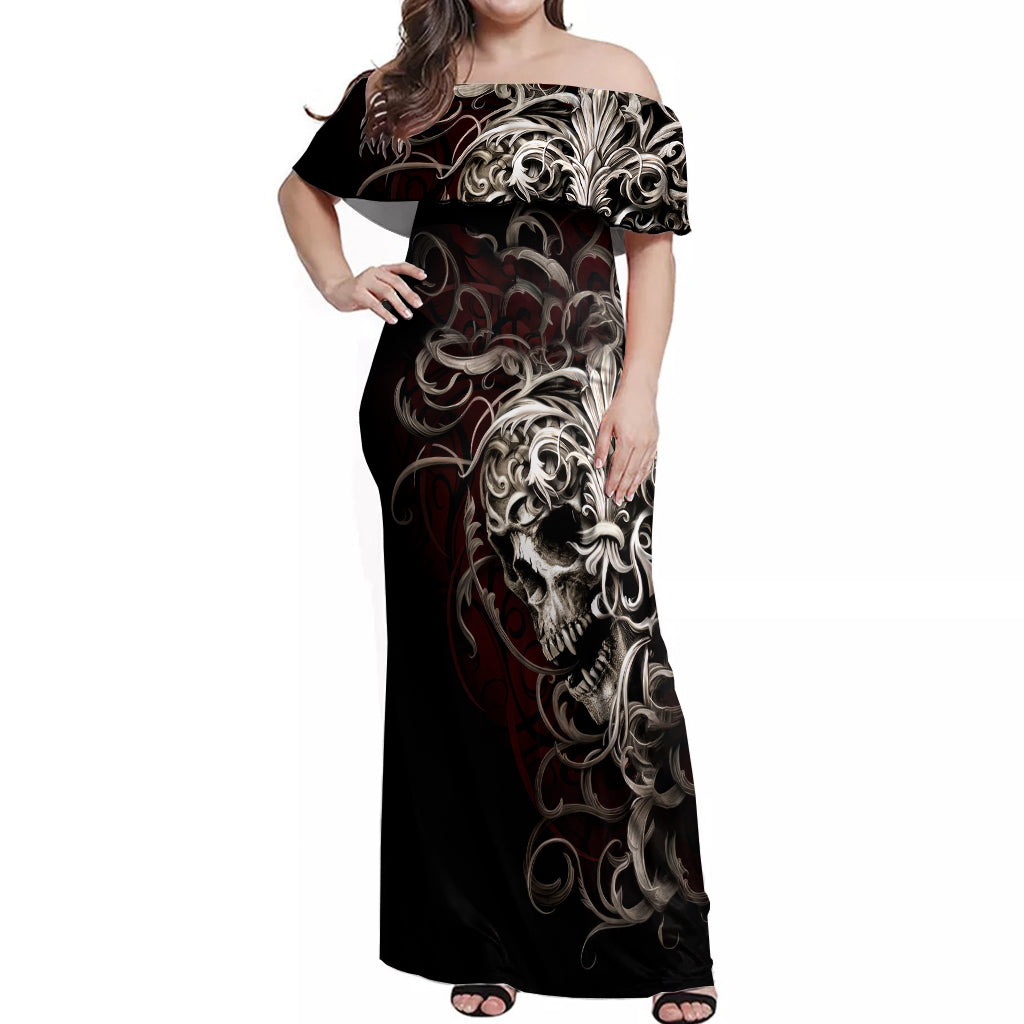 Skull Off Shoulder Maxi Dress Silver Warrior Royal - Wonder Print Shop