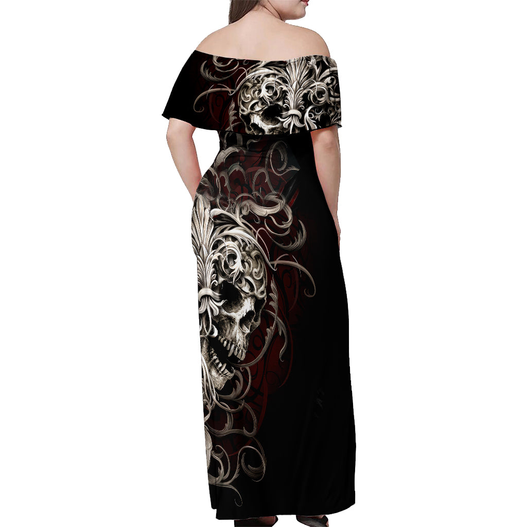Skull Off Shoulder Maxi Dress Silver Warrior Royal - Wonder Print Shop