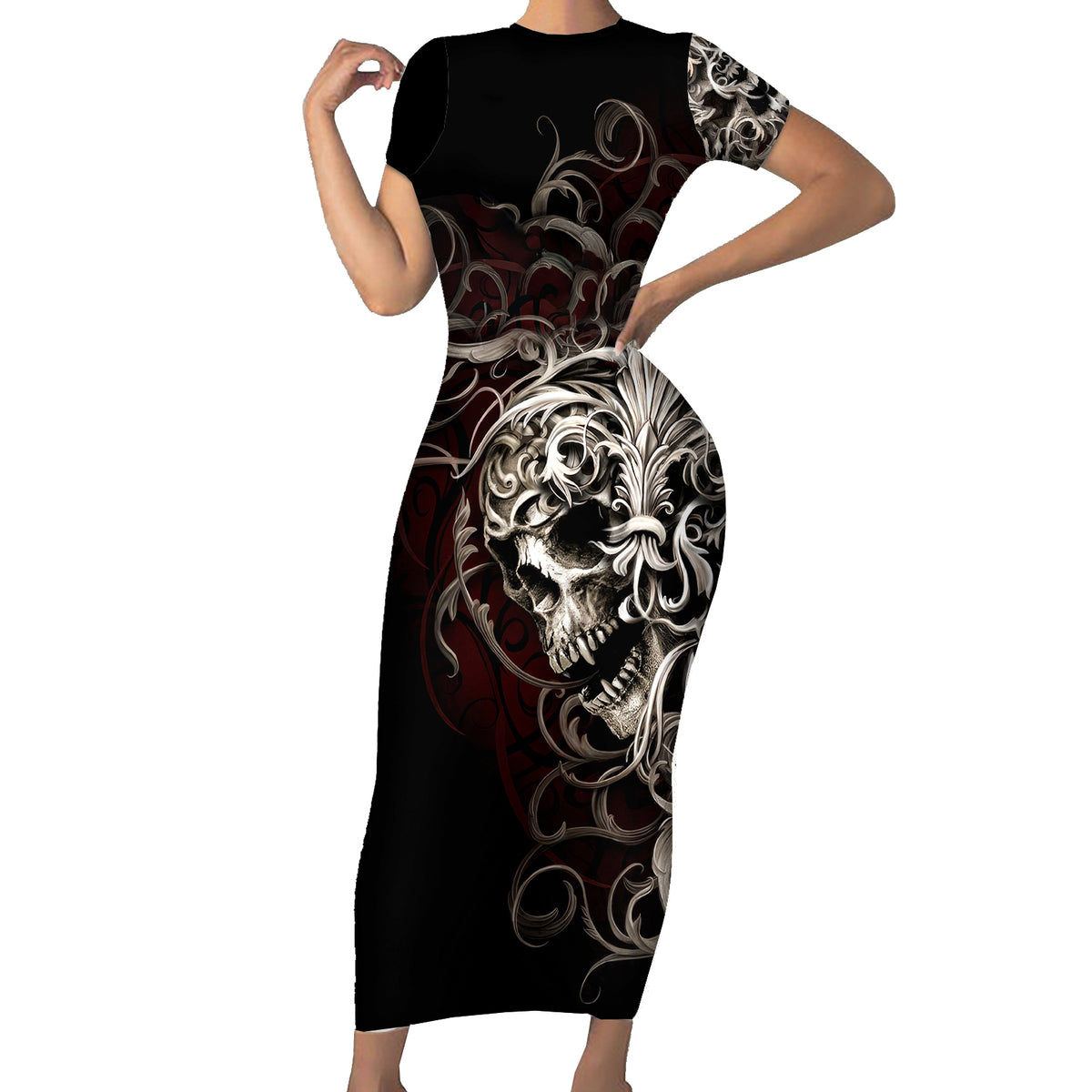 Skull Short Sleeve Bodycon Dress Silver Warrior Royal - Wonder Print Shop