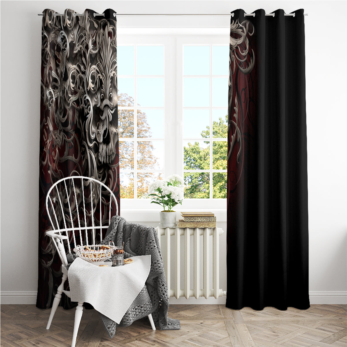 Skull Window Curtain Silver Warrior Royal - Wonder Print Shop