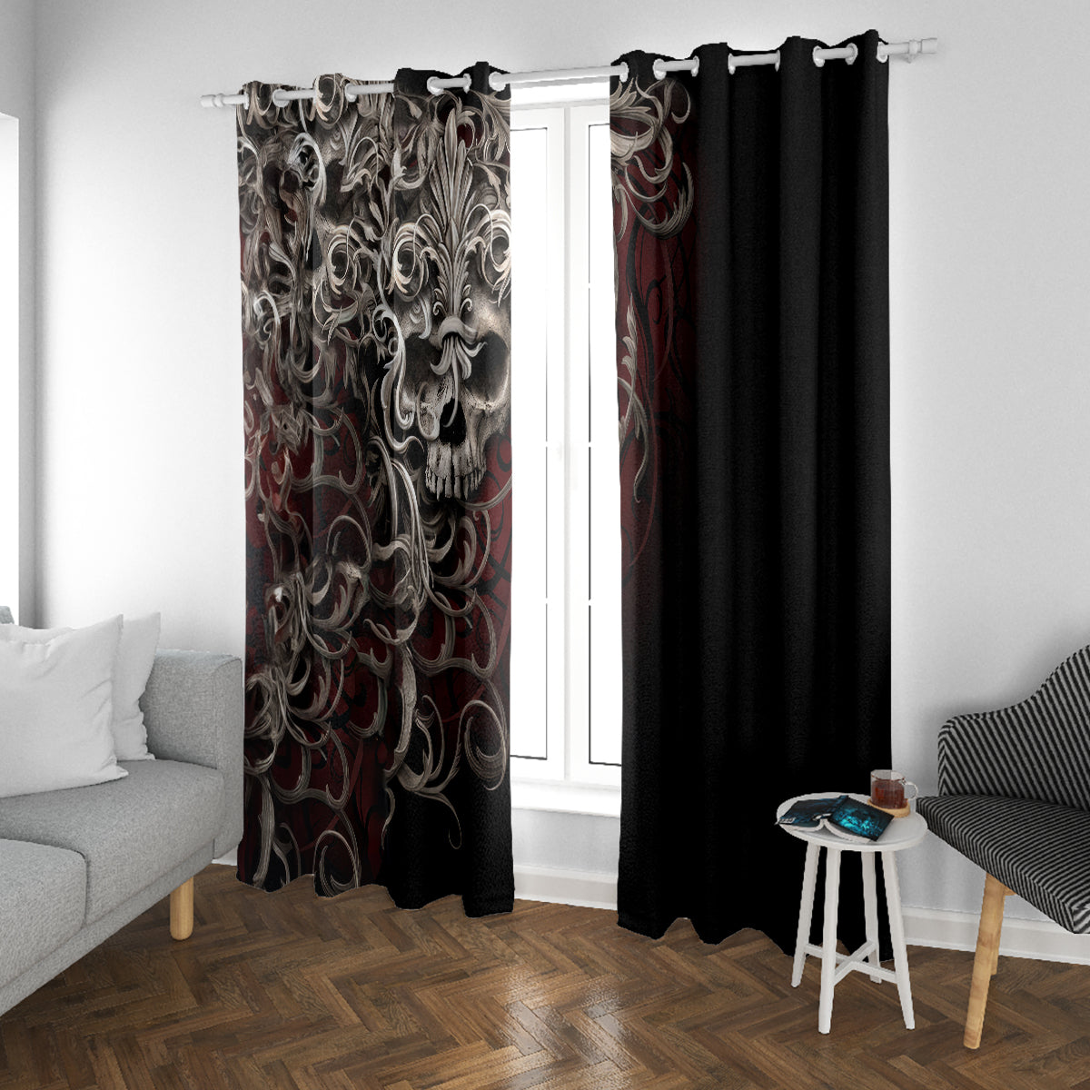 Skull Window Curtain Silver Warrior Royal - Wonder Print Shop
