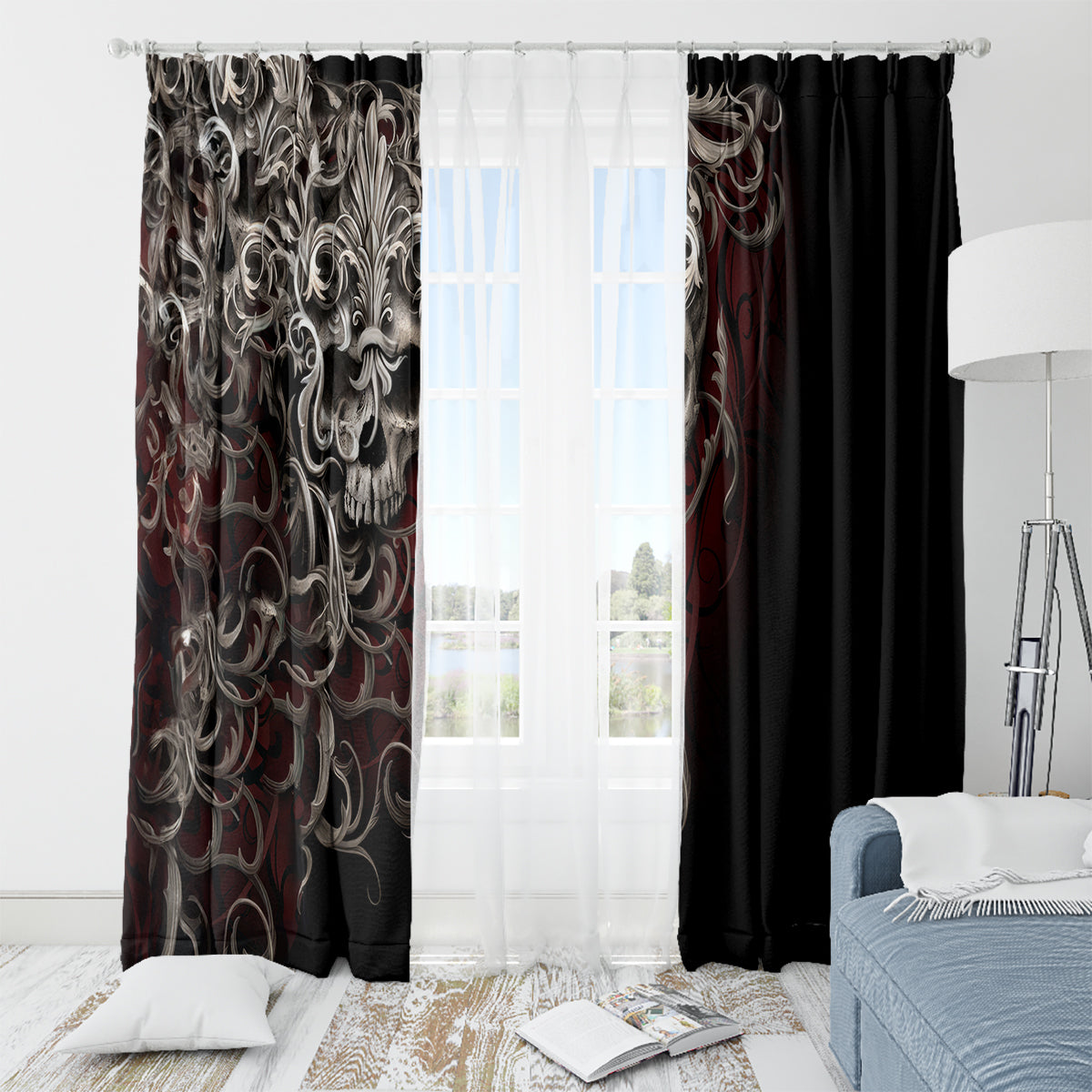 Skull Window Curtain Silver Warrior Royal - Wonder Print Shop