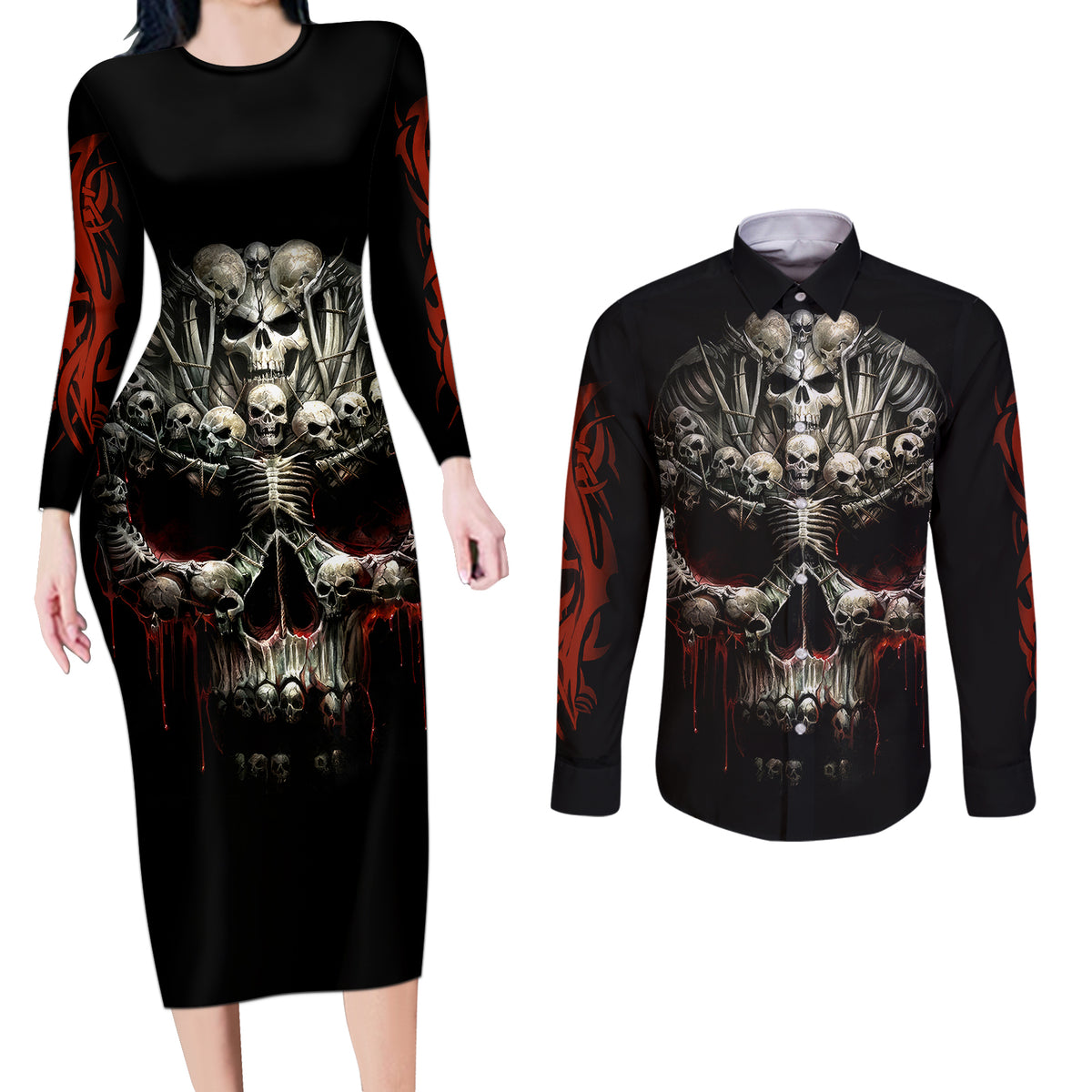 Skull Couples Matching Long Sleeve Bodycon Dress and Long Sleeve Button Shirts Head Skeleton Cross Skull - Wonder Print Shop