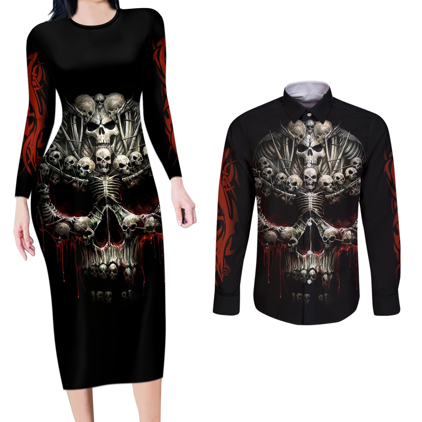 Skull Couples Matching Long Sleeve Bodycon Dress and Long Sleeve Button Shirts Head Skeleton Cross Skull - Wonder Print Shop