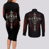 Skull Couples Matching Long Sleeve Bodycon Dress and Long Sleeve Button Shirts Head Skeleton Cross Skull - Wonder Print Shop
