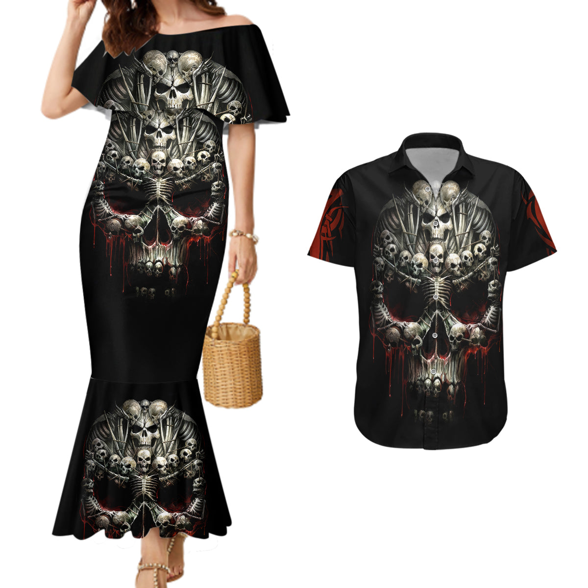 Skull Couples Matching Mermaid Dress And Hawaiian Shirt Head Skeleton Cross Skull - Wonder Print Shop