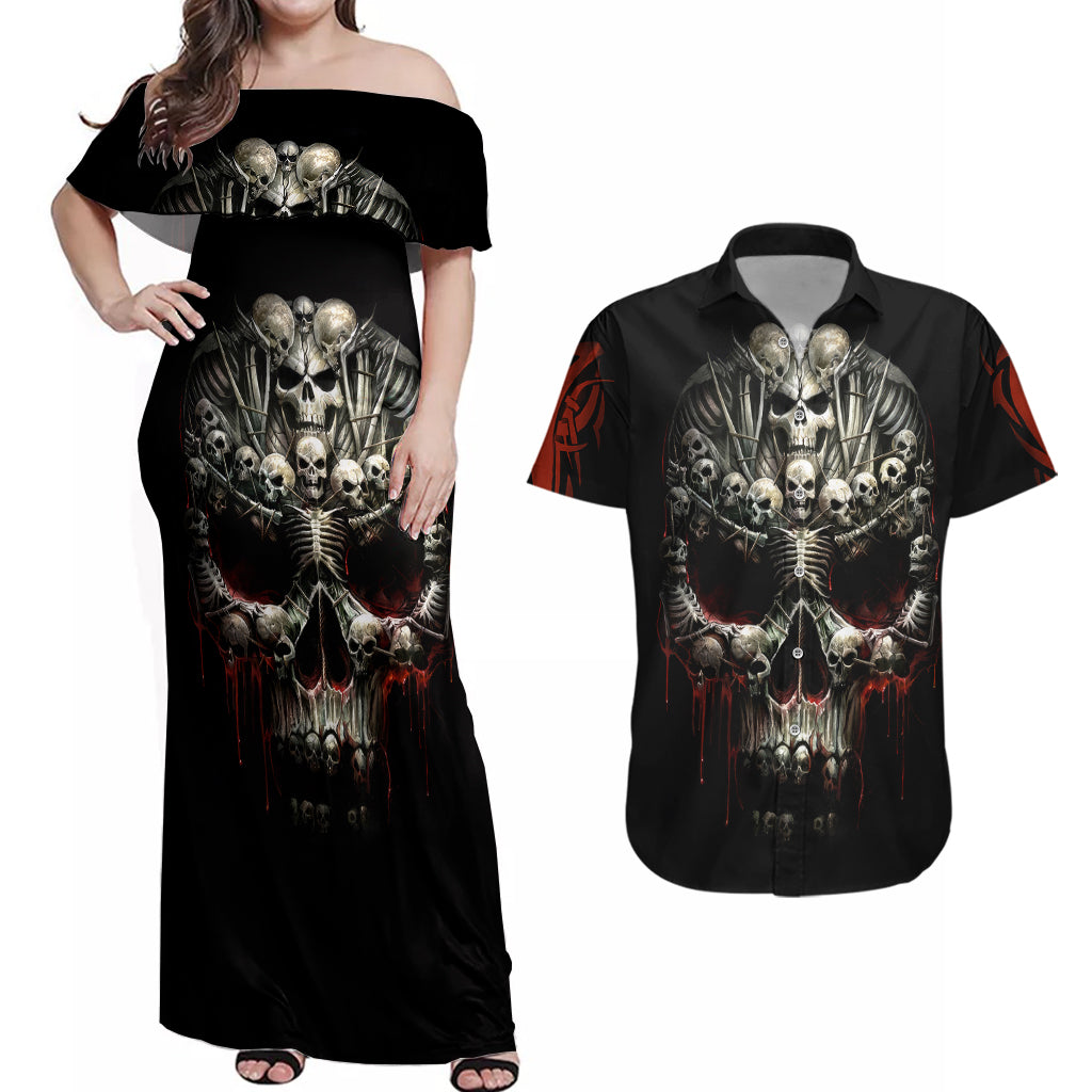 Skull Couples Matching Off Shoulder Maxi Dress and Hawaiian Shirt Head Skeleton Cross Skull - Wonder Print Shop
