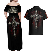 Skull Couples Matching Off Shoulder Maxi Dress and Hawaiian Shirt Head Skeleton Cross Skull - Wonder Print Shop