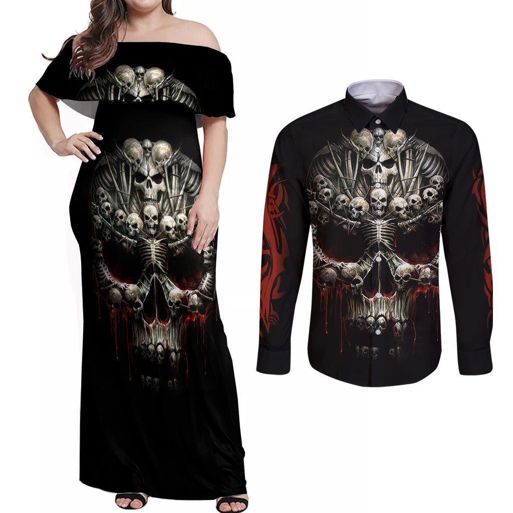 Skull Couples Matching Off Shoulder Maxi Dress and Long Sleeve Button Shirts Head Skeleton Cross Skull - Wonder Print Shop