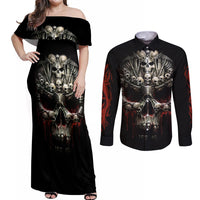 Skull Couples Matching Off Shoulder Maxi Dress and Long Sleeve Button Shirts Head Skeleton Cross Skull - Wonder Print Shop