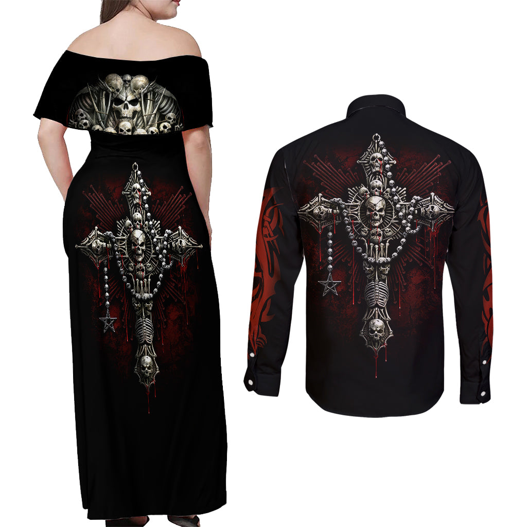 Skull Couples Matching Off Shoulder Maxi Dress and Long Sleeve Button Shirts Head Skeleton Cross Skull - Wonder Print Shop