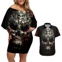 Skull Couples Matching Off Shoulder Short Dress and Hawaiian Shirt Head Skeleton Cross Skull - Wonder Print Shop