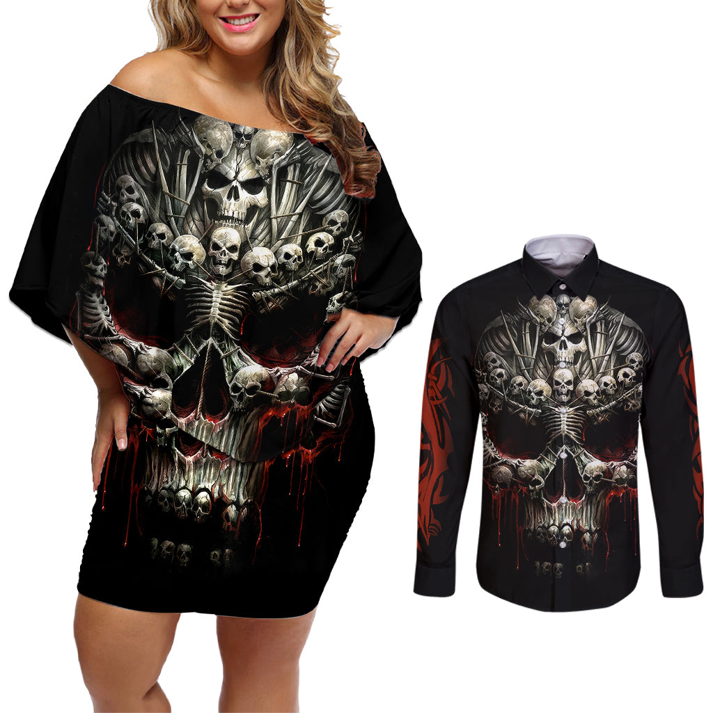 Skull Couples Matching Off Shoulder Short Dress and Long Sleeve Button Shirts Head Skeleton Cross Skull - Wonder Print Shop