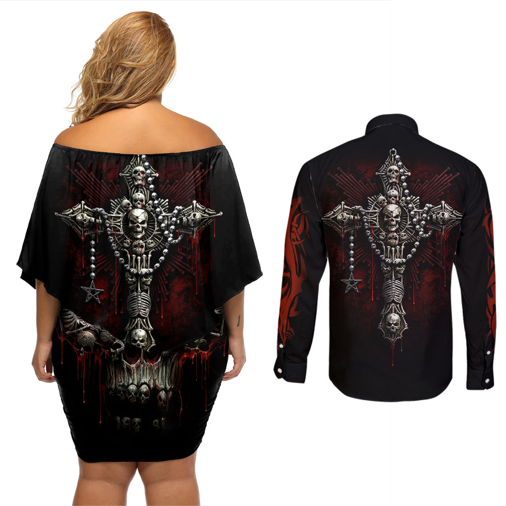 Skull Couples Matching Off Shoulder Short Dress and Long Sleeve Button Shirts Head Skeleton Cross Skull - Wonder Print Shop