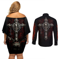 Skull Couples Matching Off Shoulder Short Dress and Long Sleeve Button Shirts Head Skeleton Cross Skull - Wonder Print Shop