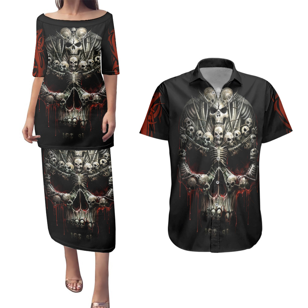 Skull Couples Matching Puletasi Dress and Hawaiian Shirt Head Skeleton Cross Skull - Wonder Print Shop