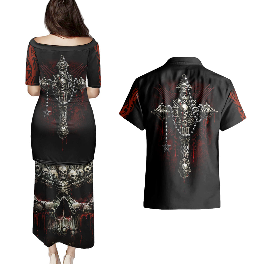 Skull Couples Matching Puletasi Dress and Hawaiian Shirt Head Skeleton Cross Skull - Wonder Print Shop