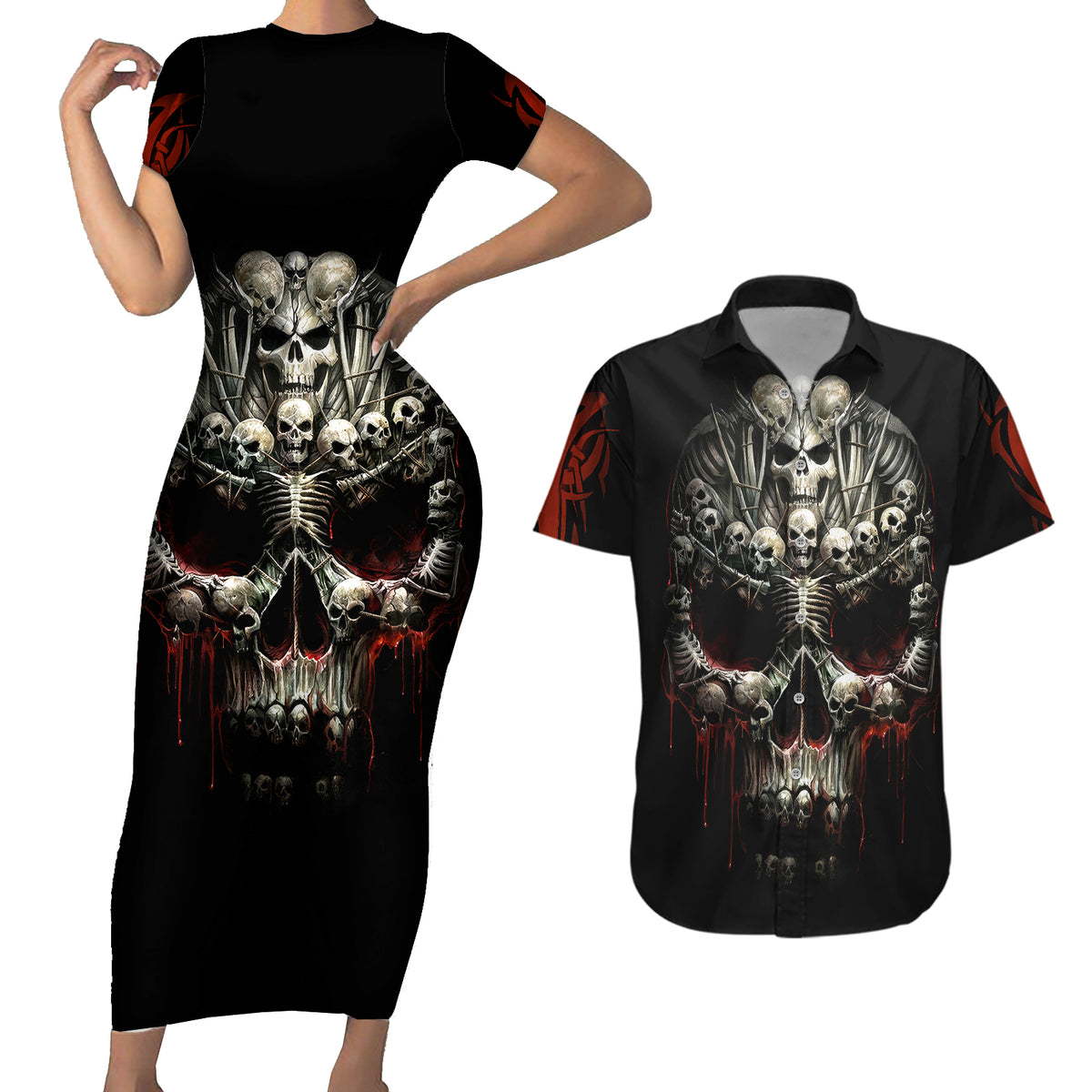 Skull Couples Matching Short Sleeve Bodycon Dress and Hawaiian Shirt Head Skeleton Cross Skull - Wonder Print Shop