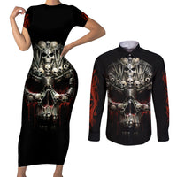 Skull Couples Matching Short Sleeve Bodycon Dress and Long Sleeve Button Shirts Head Skeleton Cross Skull - Wonder Print Shop