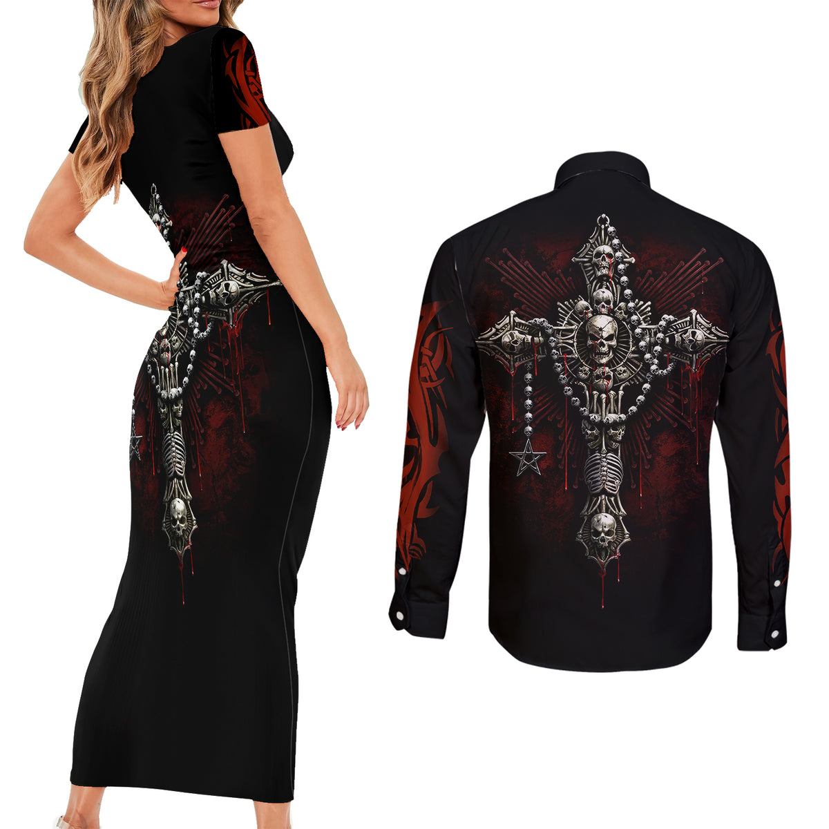 Skull Couples Matching Short Sleeve Bodycon Dress and Long Sleeve Button Shirts Head Skeleton Cross Skull - Wonder Print Shop