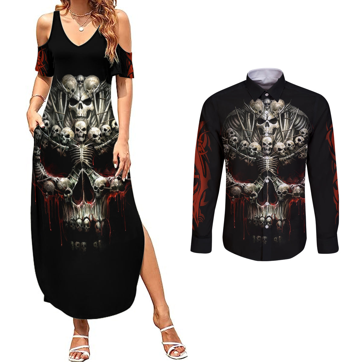 Skull Couples Matching Summer Maxi Dress and Long Sleeve Button Shirts Head Skeleton Cross Skull - Wonder Print Shop