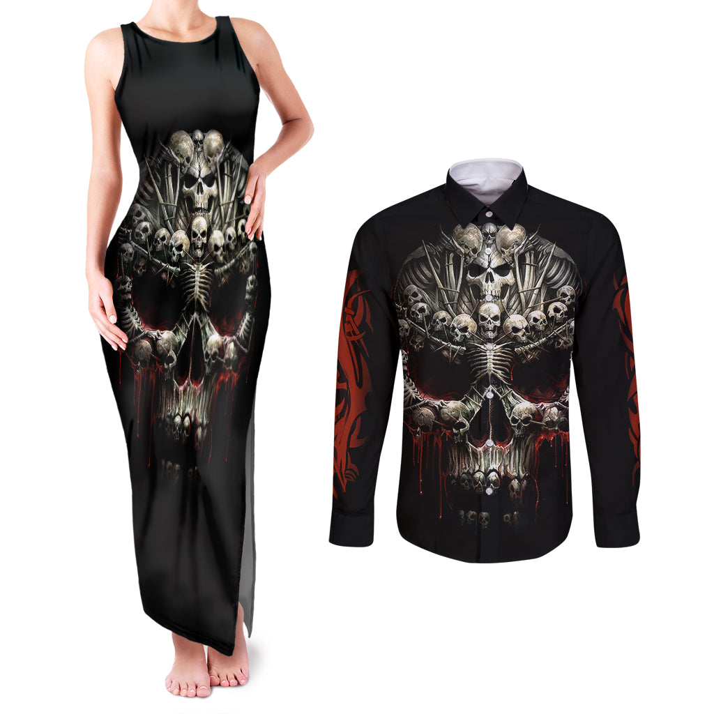 Skull Couples Matching Tank Maxi Dress and Long Sleeve Button Shirts Head Skeleton Cross Skull - Wonder Print Shop
