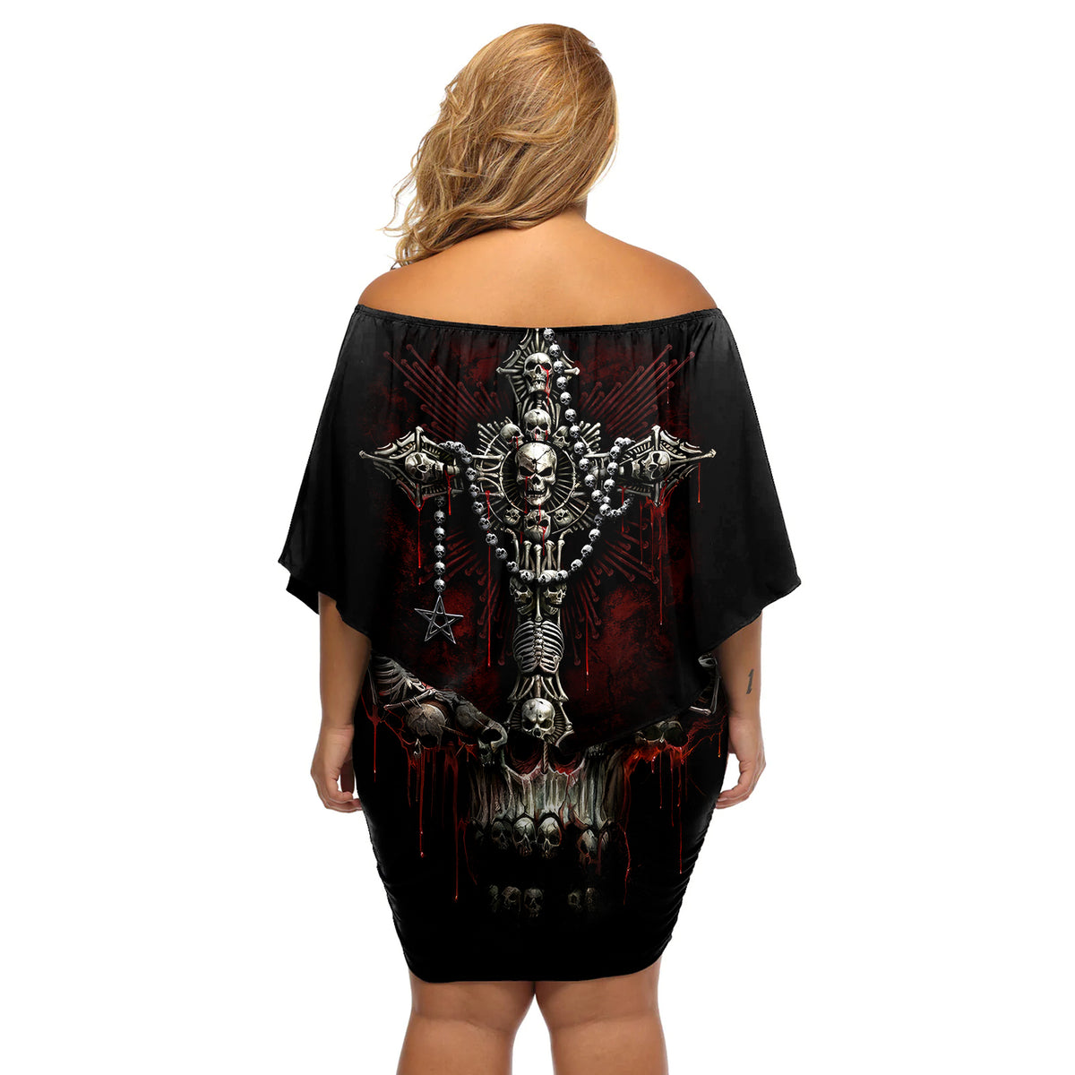 Skull Off Shoulder Short Dress Head Skeleton Cross Skull - Wonder Print Shop