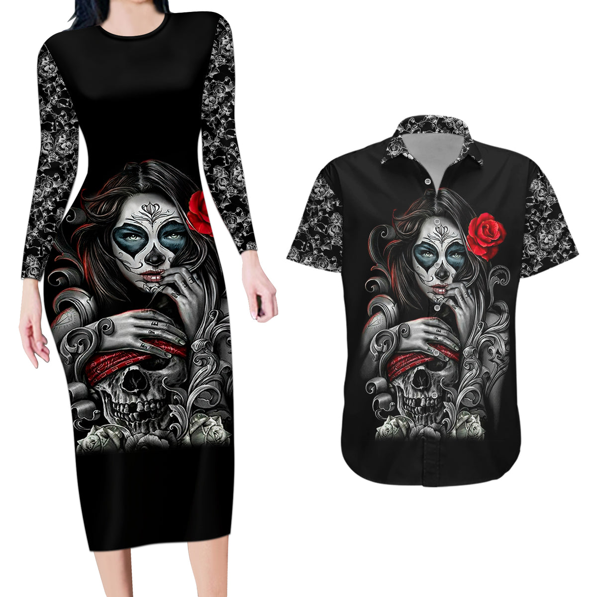 Skull Couples Matching Long Sleeve Bodycon Dress and Hawaiian Shirt Skull Girl Spoiled Wife - Wonder Print Shop