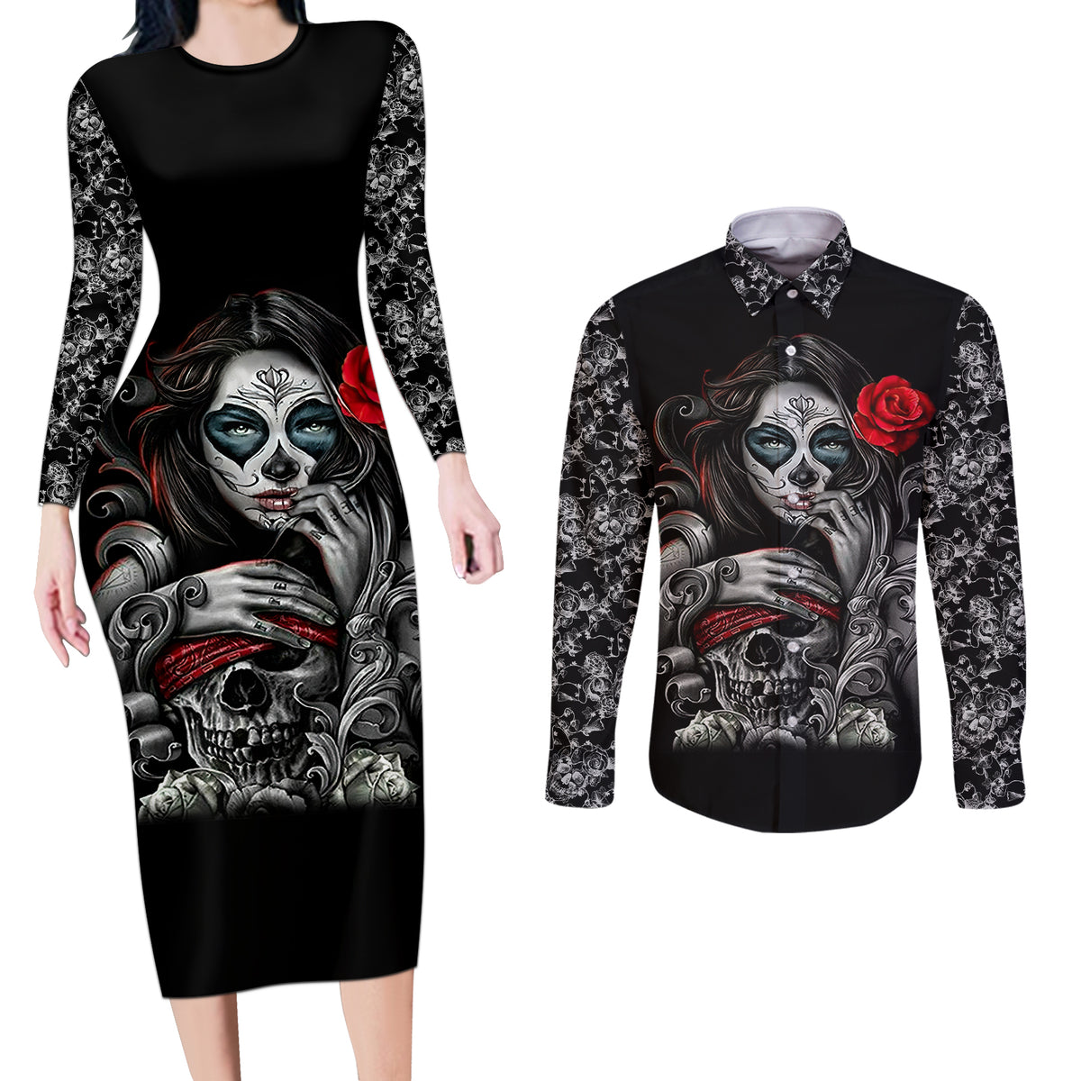 Skull Couples Matching Long Sleeve Bodycon Dress and Long Sleeve Button Shirts Skull Girl Spoiled Wife - Wonder Print Shop