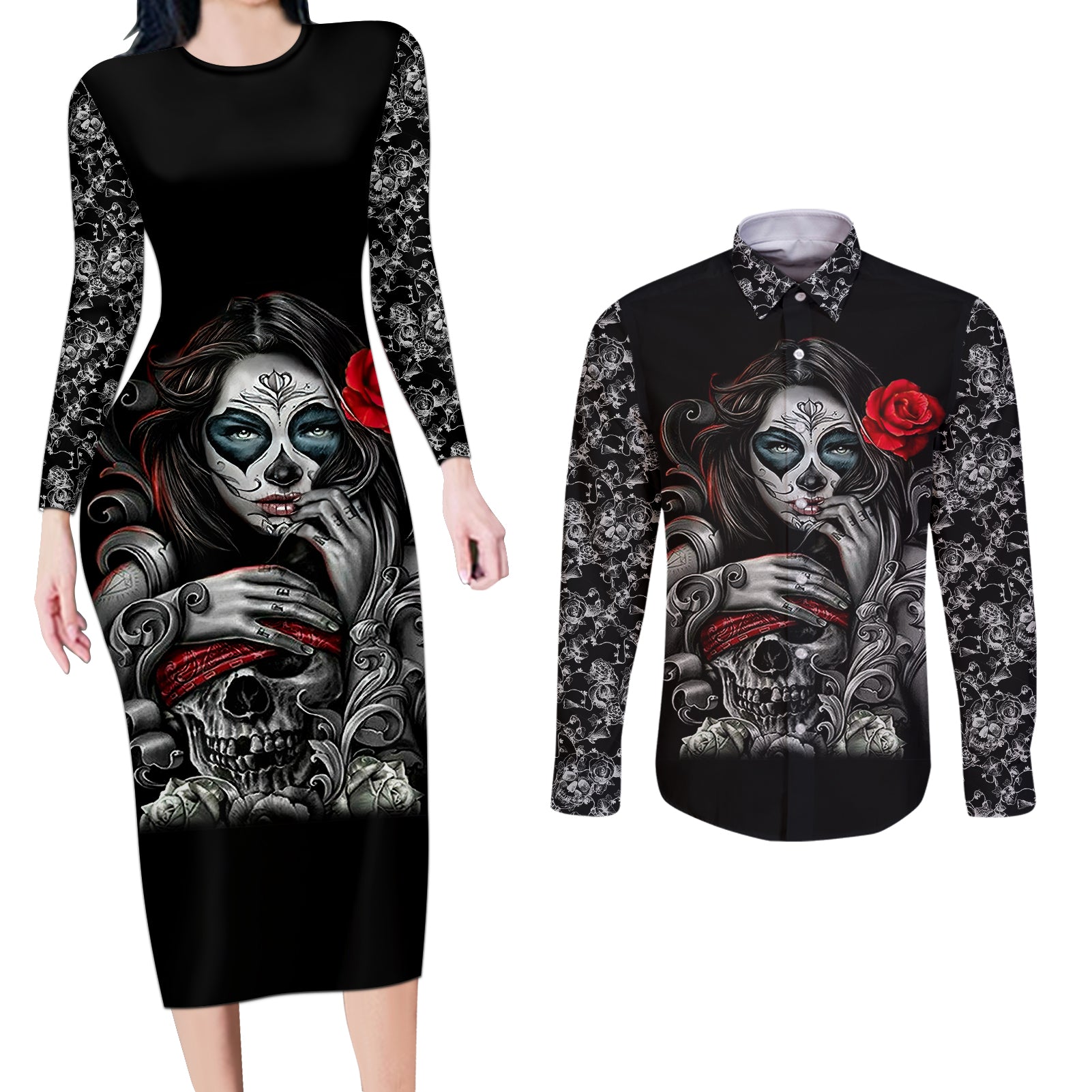 Skull Couples Matching Long Sleeve Bodycon Dress and Long Sleeve Button Shirts Skull Girl Spoiled Wife - Wonder Print Shop