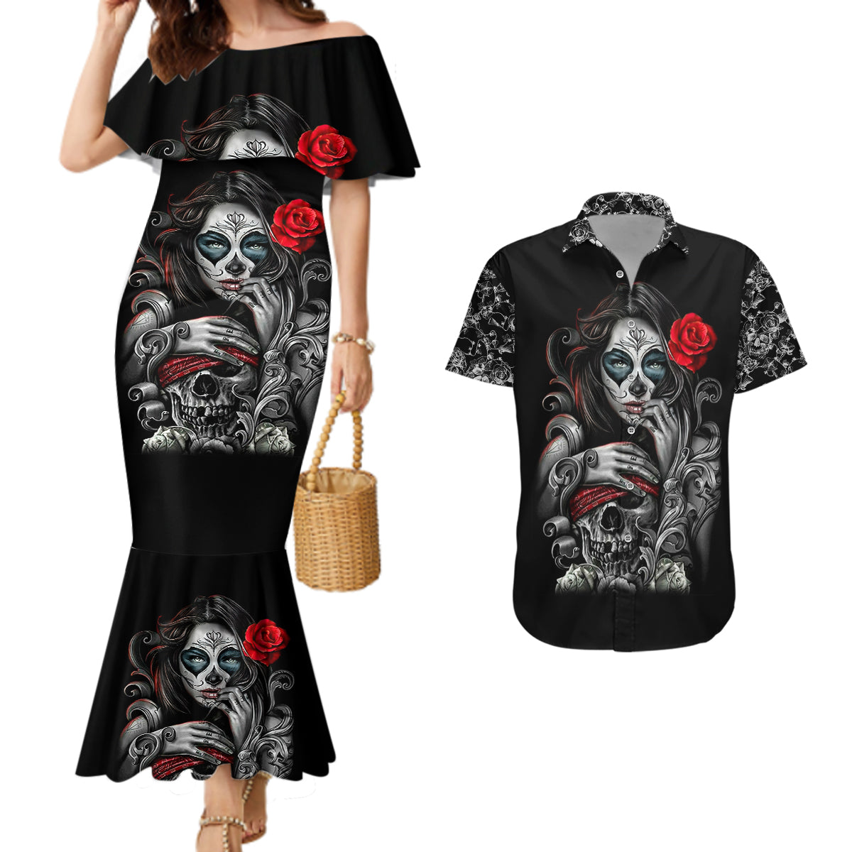 Skull Couples Matching Mermaid Dress And Hawaiian Shirt Skull Girl Spoiled Wife - Wonder Print Shop
