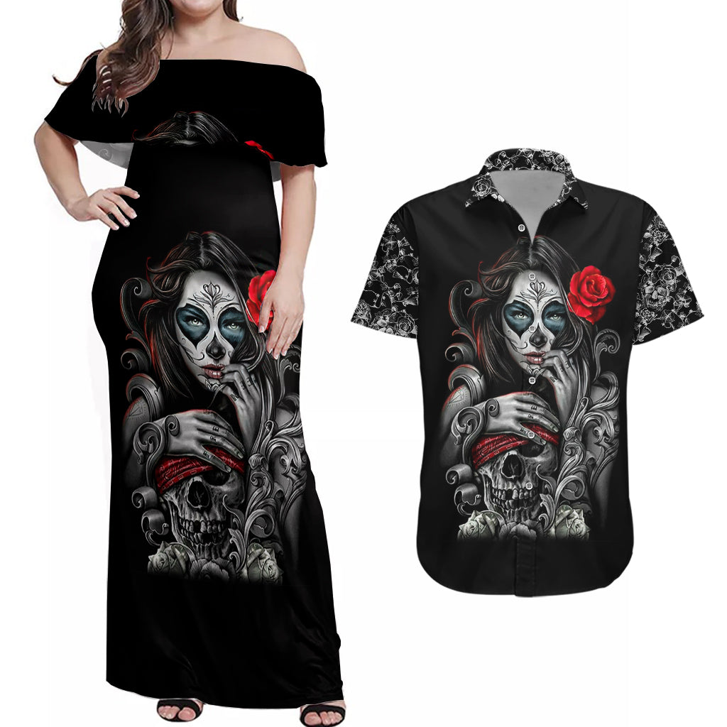 Skull Couples Matching Off Shoulder Maxi Dress and Hawaiian Shirt Skull Girl Spoiled Wife - Wonder Print Shop