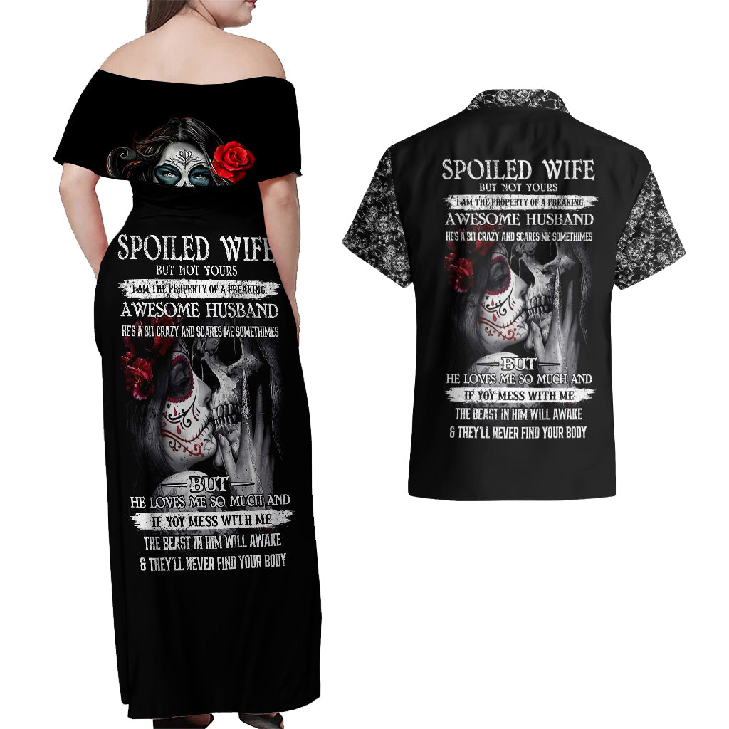 Skull Couples Matching Off Shoulder Maxi Dress and Hawaiian Shirt Skull Girl Spoiled Wife - Wonder Print Shop