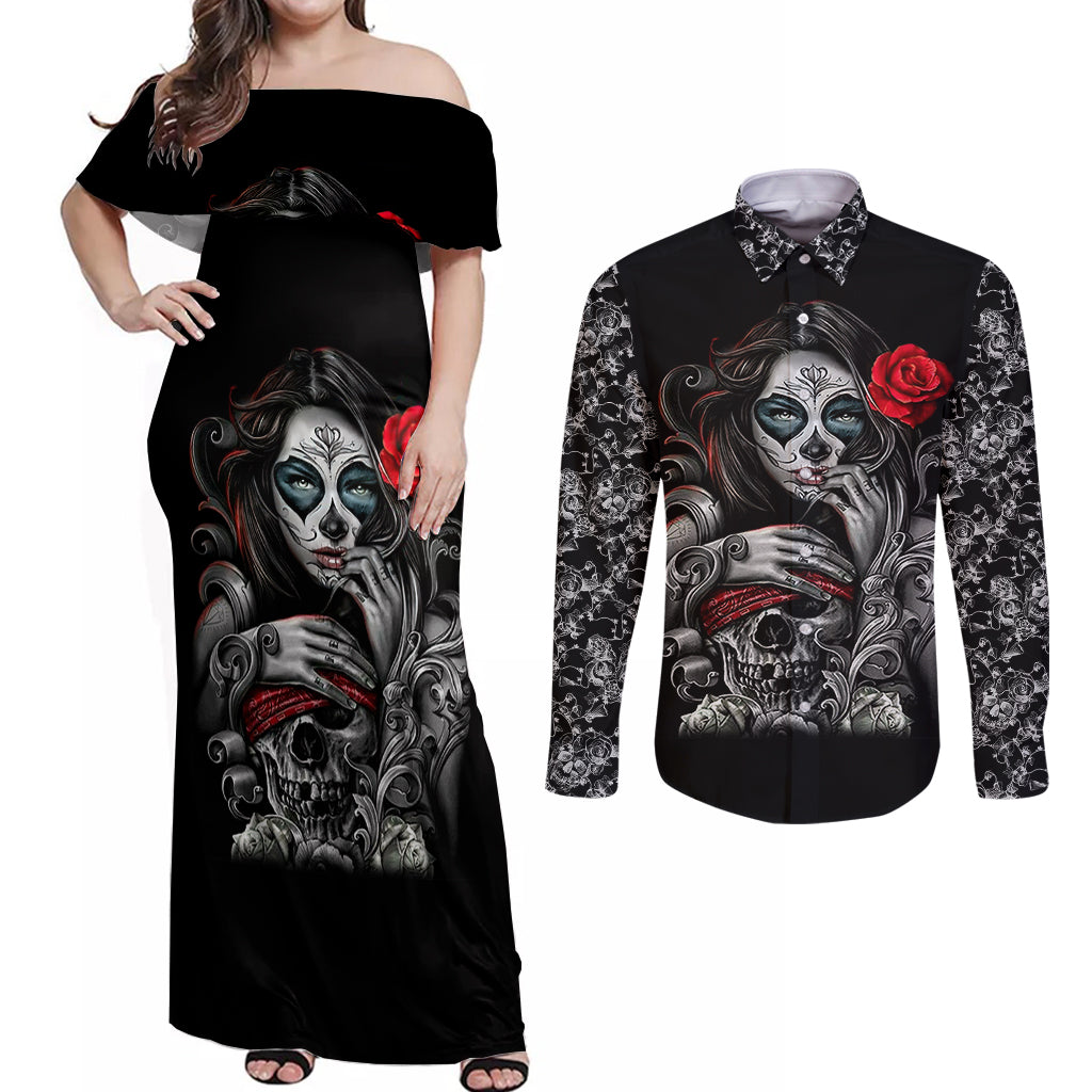 Skull Couples Matching Off Shoulder Maxi Dress and Long Sleeve Button Shirts Skull Girl Spoiled Wife - Wonder Print Shop