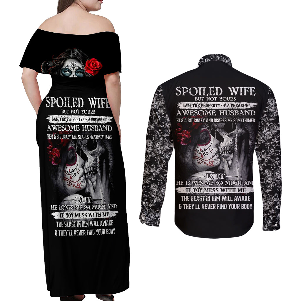 Skull Couples Matching Off Shoulder Maxi Dress and Long Sleeve Button Shirts Skull Girl Spoiled Wife - Wonder Print Shop