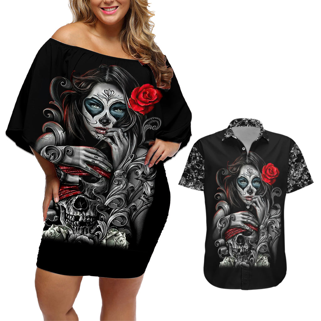 Skull Couples Matching Off Shoulder Short Dress and Hawaiian Shirt Skull Girl Spoiled Wife - Wonder Print Shop