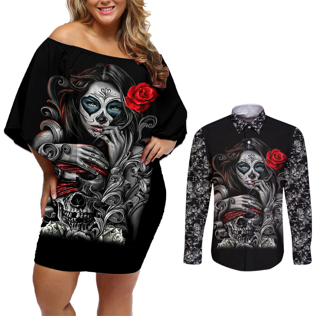 Skull Couples Matching Off Shoulder Short Dress and Long Sleeve Button Shirts Skull Girl Spoiled Wife - Wonder Print Shop