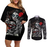Skull Couples Matching Off Shoulder Short Dress and Long Sleeve Button Shirts Skull Girl Spoiled Wife - Wonder Print Shop