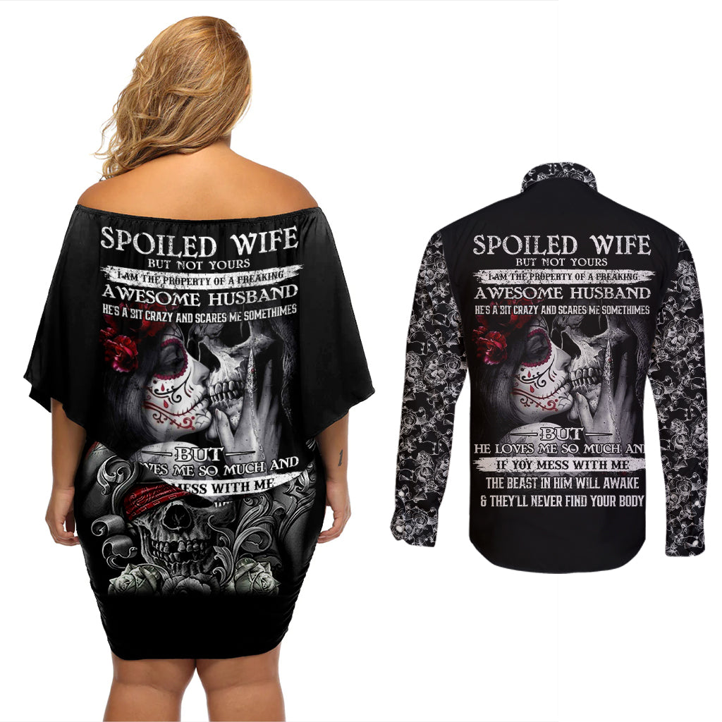 Skull Couples Matching Off Shoulder Short Dress and Long Sleeve Button Shirts Skull Girl Spoiled Wife - Wonder Print Shop