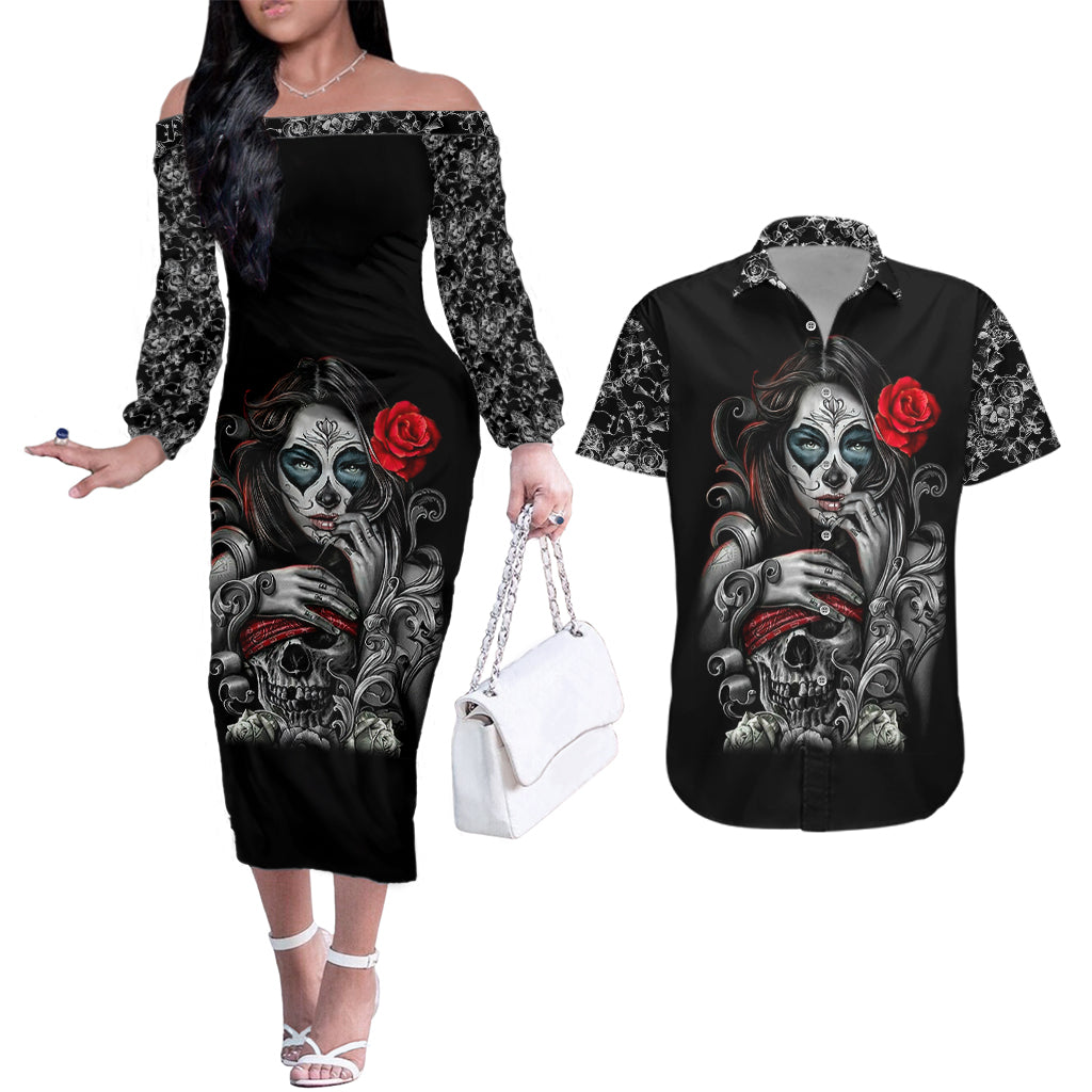 Skull Couples Matching Off The Shoulder Long Sleeve Dress and Hawaiian Shirt Skull Girl Spoiled Wife - Wonder Print Shop