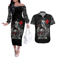 Skull Couples Matching Off The Shoulder Long Sleeve Dress and Hawaiian Shirt Skull Girl Spoiled Wife - Wonder Print Shop