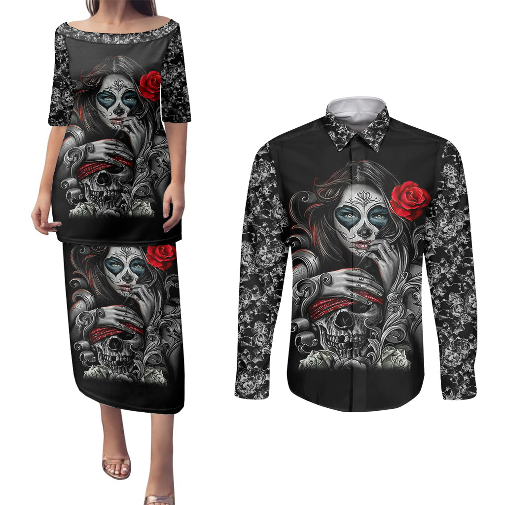 Skull Couples Matching Puletasi Dress and Long Sleeve Button Shirts Skull Girl Spoiled Wife - Wonder Print Shop