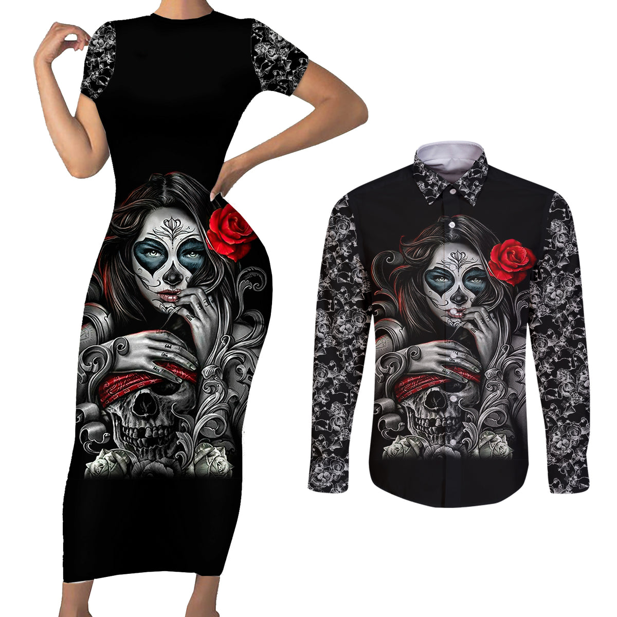 Skull Couples Matching Short Sleeve Bodycon Dress and Long Sleeve Button Shirts Skull Girl Spoiled Wife - Wonder Print Shop