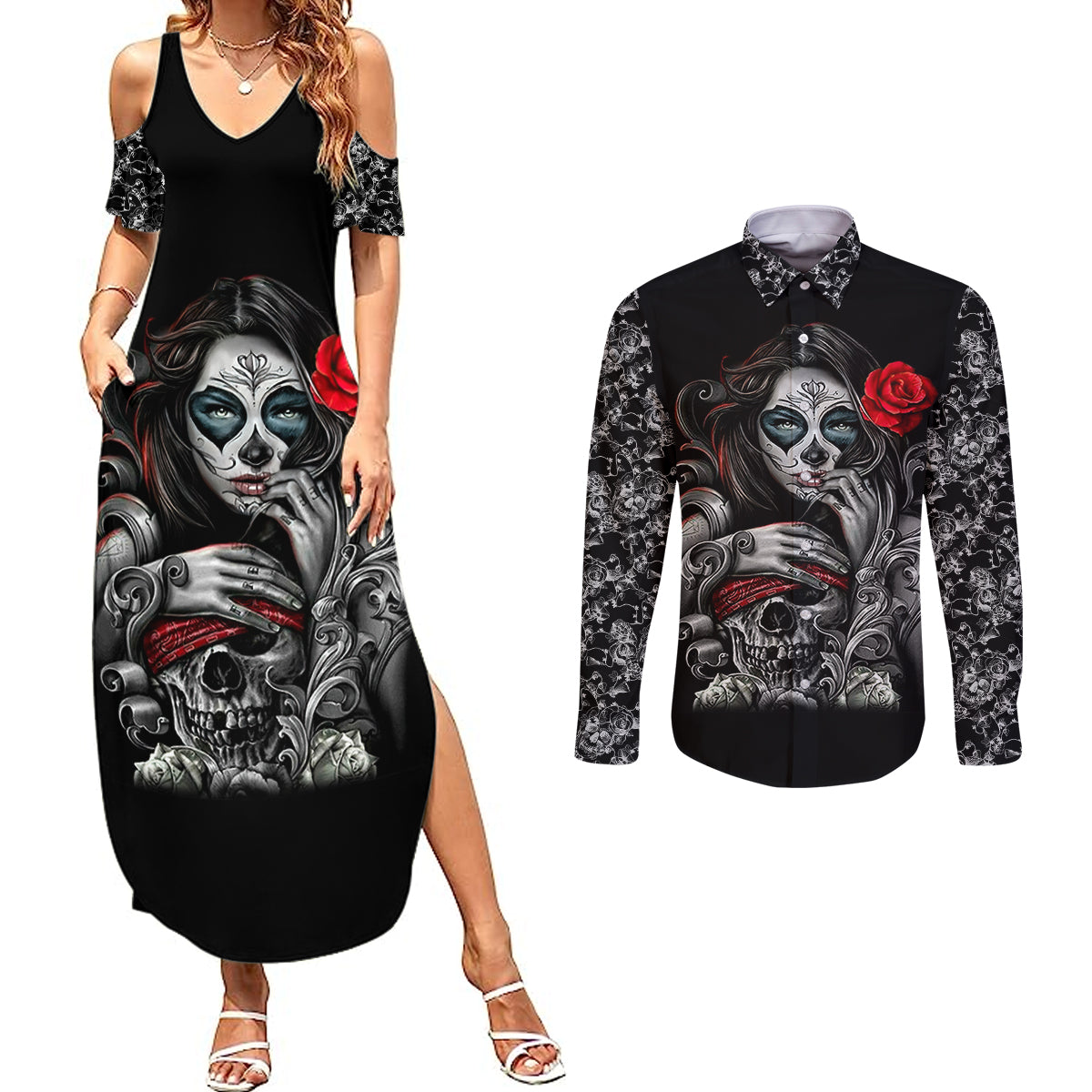 Skull Couples Matching Summer Maxi Dress and Long Sleeve Button Shirts Skull Girl Spoiled Wife - Wonder Print Shop