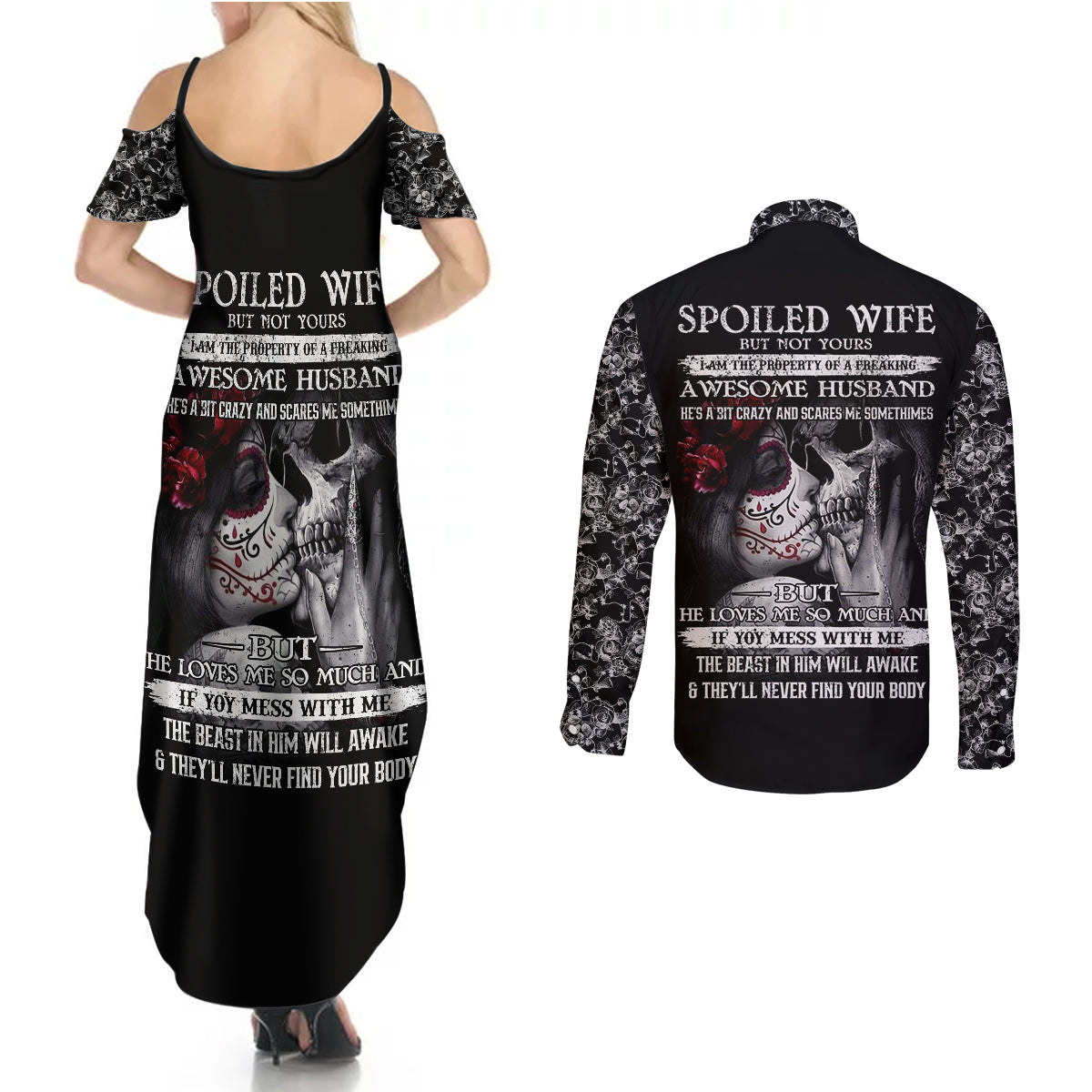 Skull Couples Matching Summer Maxi Dress and Long Sleeve Button Shirts Skull Girl Spoiled Wife - Wonder Print Shop