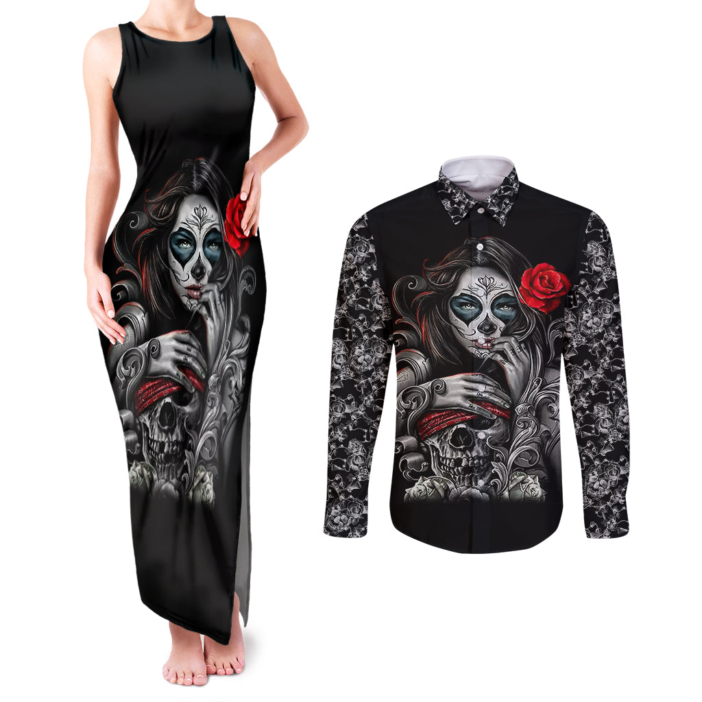 Skull Couples Matching Tank Maxi Dress and Long Sleeve Button Shirts Skull Girl Spoiled Wife - Wonder Print Shop