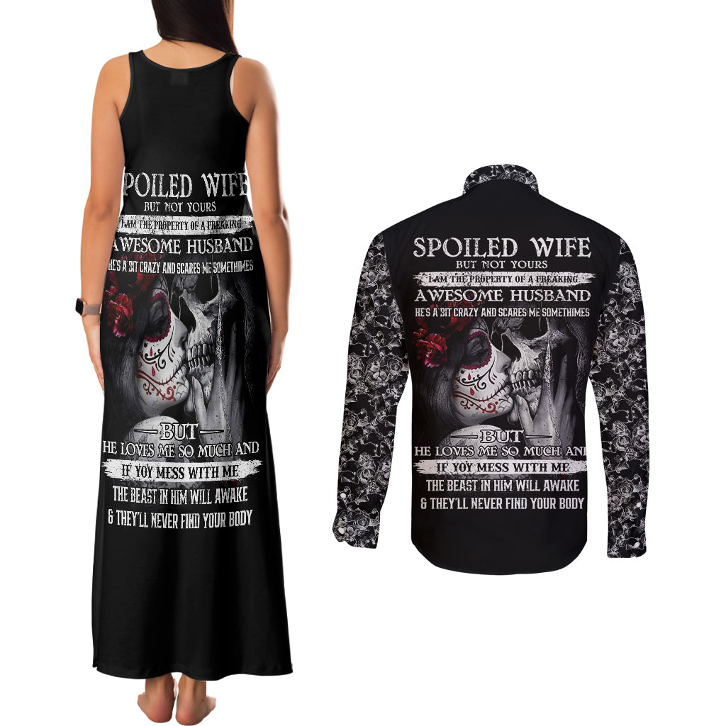 Skull Couples Matching Tank Maxi Dress and Long Sleeve Button Shirts Skull Girl Spoiled Wife - Wonder Print Shop