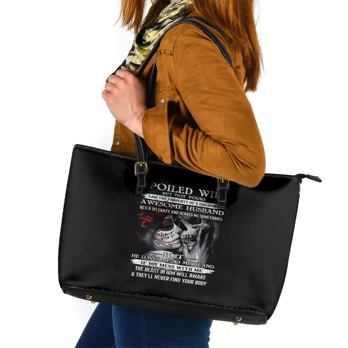 Skull Leather Tote Bag Skull Girl Spoiled Wife - Wonder Print Shop