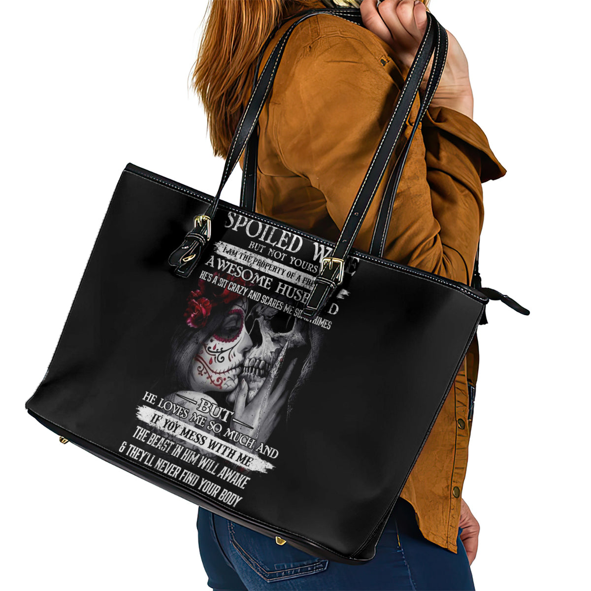 Skull Leather Tote Bag Skull Girl Spoiled Wife - Wonder Print Shop