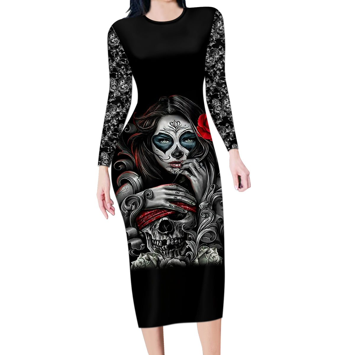 Skull Long Sleeve Bodycon Dress Skull Girl Spoiled Wife - Wonder Print Shop